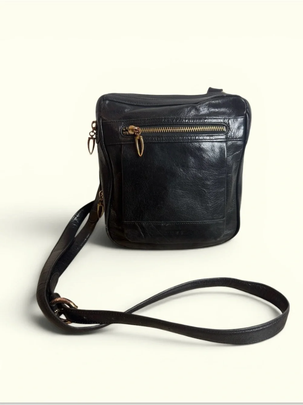 TUSK Black Leather Crossbody Bag Vintage Messenger Gold Hardware